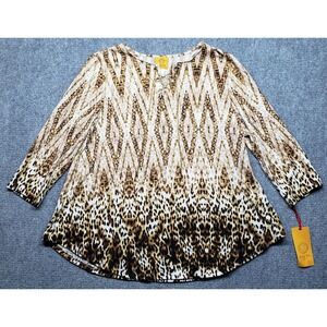 Ruby Rd Blouse Womens L Multicolor Leopard Chain Split Neck 3/4 Sleeve New